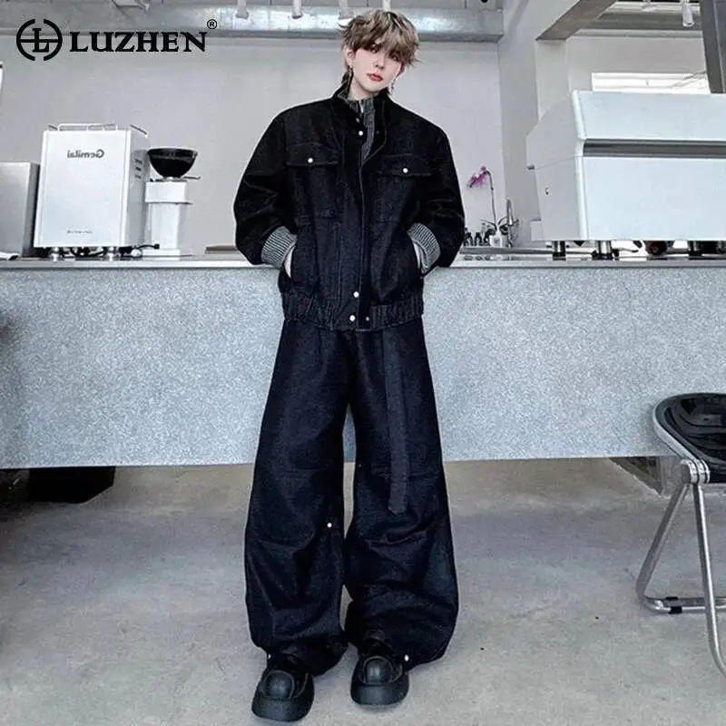 LUZHEN Jacket 2026 Autumn Street Men Stand Collar Denim Two-piece Sets Original High Quality Loose Wide Leg Jeans Clothes JY7337