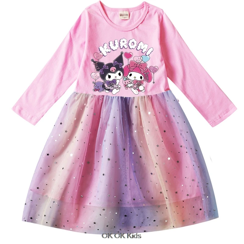 Hot Lovely Kuromi Melody Costumes Lace Rainbow Dress Baby Toddler Birthday Summer Vacation Party Clothes Kids Dress Up