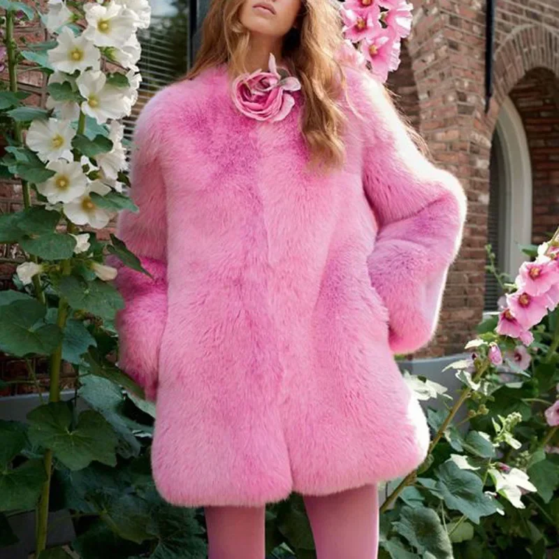 Winter Warm White Faux Fur Coat Women Long Sleeve Pink Luxury Elegant Fluffy Fake Rabbit Fur Blazers Outfits Fashion Streetwear