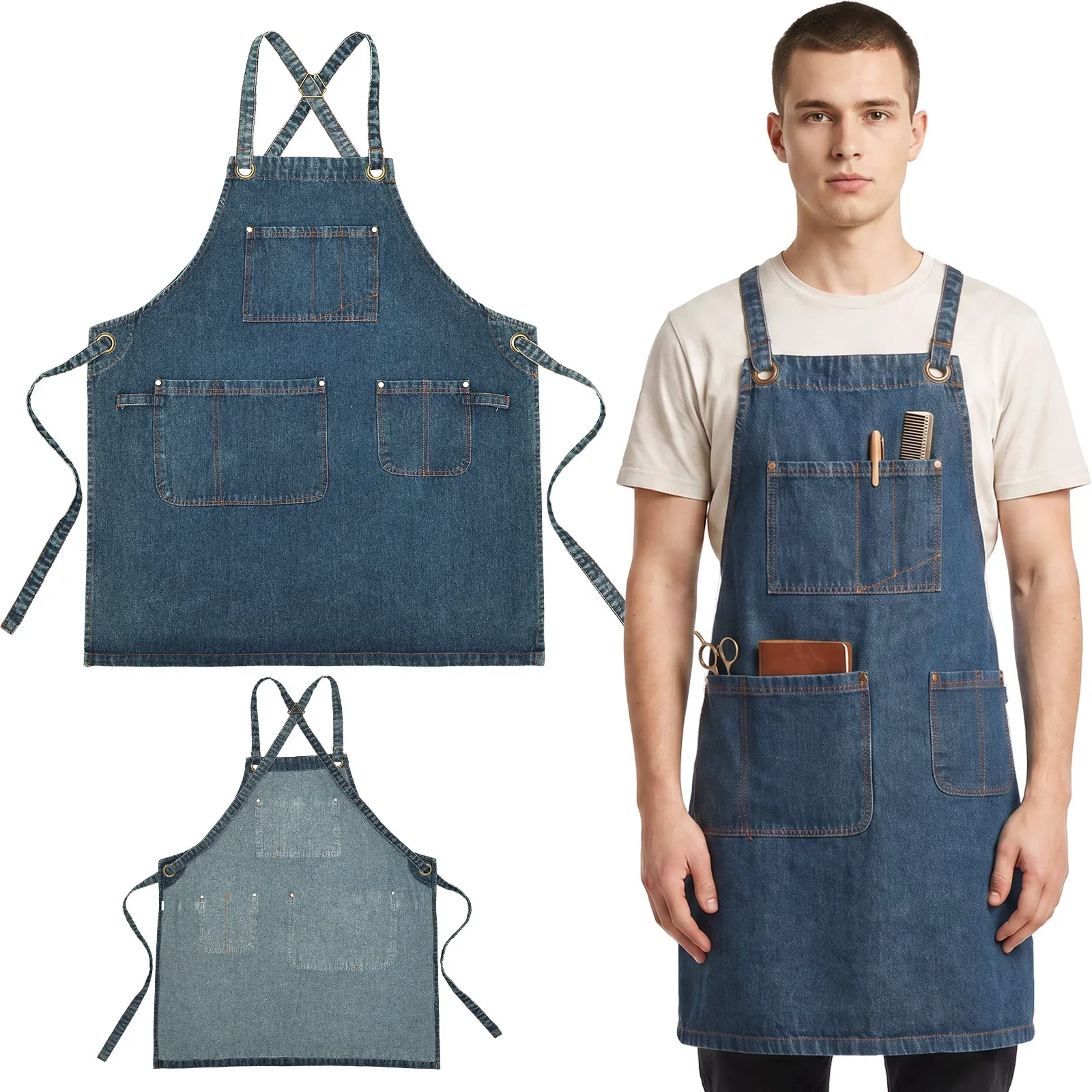 Denim Barber Apron Cross Back 7 Pocket Hair Stylist Work Apron Adjustable Cotton Jean Apron For Salon Hairdresser Barber Crafts