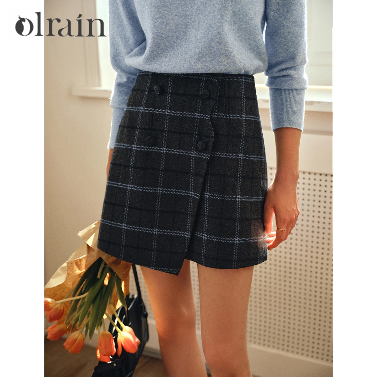 OLrain ヴィンテージチェック柄スカート女性のための 2025 秋ミニショートスカート不規則なストレートスカート婦人服エレガント O57QB001600