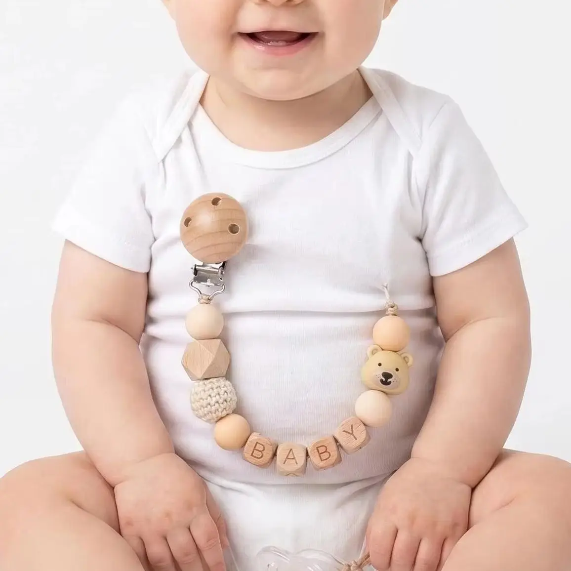 

Cute Bear Silicone Pacifier Clip Beech Wood Teether Chain Anti-lost Soother Holder for Newborn Baby Girl Boy Shower Gift