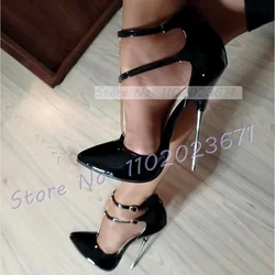 Pointy Metal Super High Heels Sandals Women Sexy Gold T-strap Patent Leather Shoes Female Summer Cross Strap Feminine Sandals