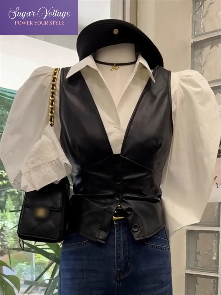 

Fashion Vintage Elegant 2 Piece Set Women Slim Long Sleeve Lapel Button Shirts + Leather Vest French Casual Solid Chic Outfit