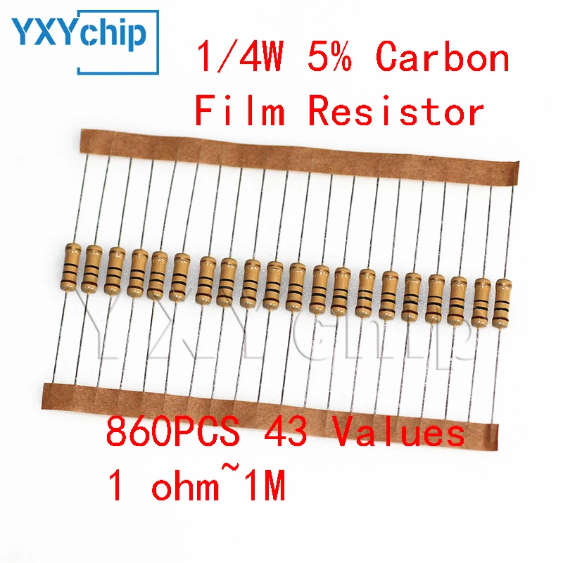 860PCS 43 Values 1/4W Carbon Film Resistor 1 ohm~1M Resistance Set Assortment Diy Electronic 5% Set of Resistor 10 ohm 100 ohm