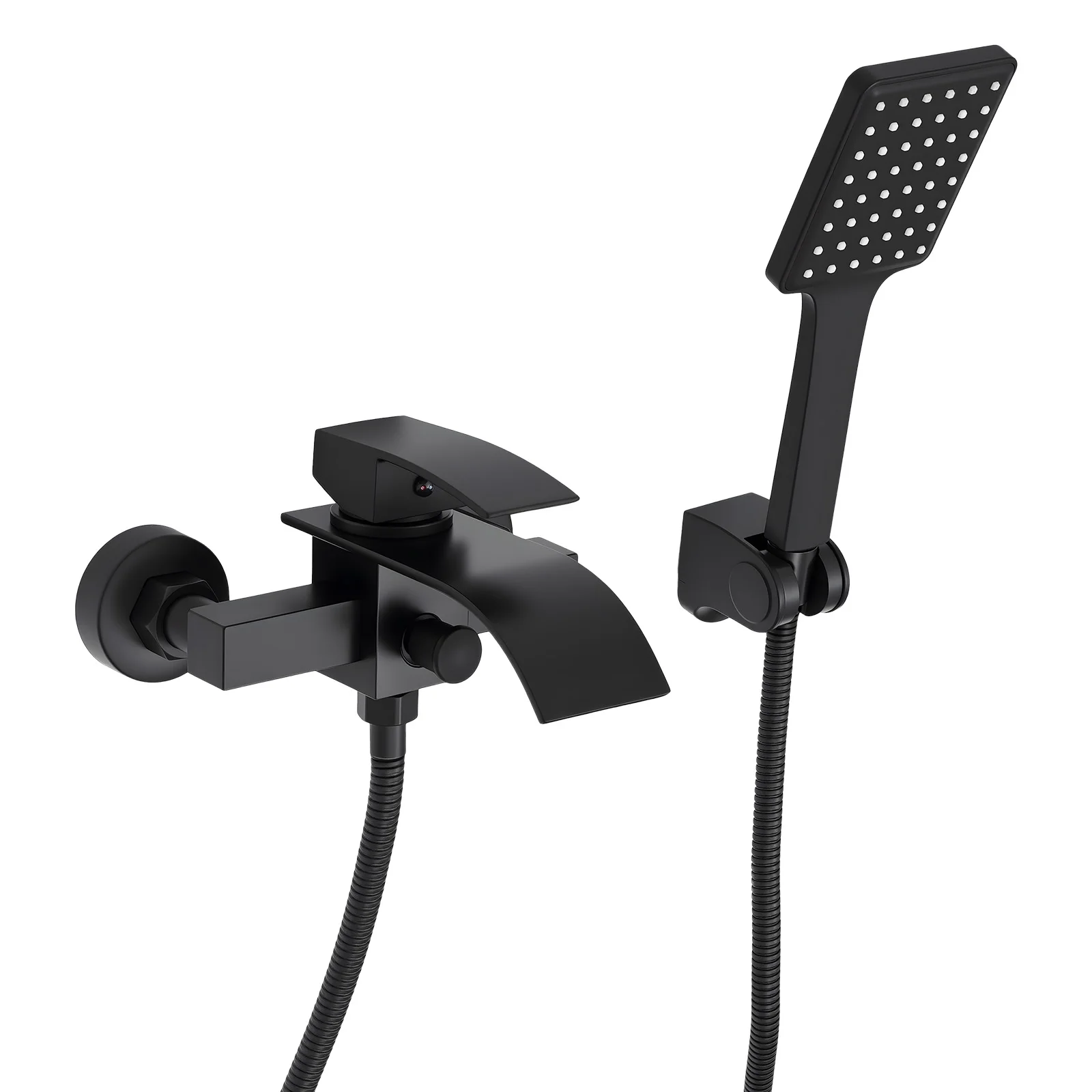Grifo Mezclador de Cascada Negro para Baño, Montaje en Pared, 2 Modos de Salida de Agua, Latón y Acero Inoxidable 304, Ducha de Mano con Aumento de Presión y Manguera de 1.5m