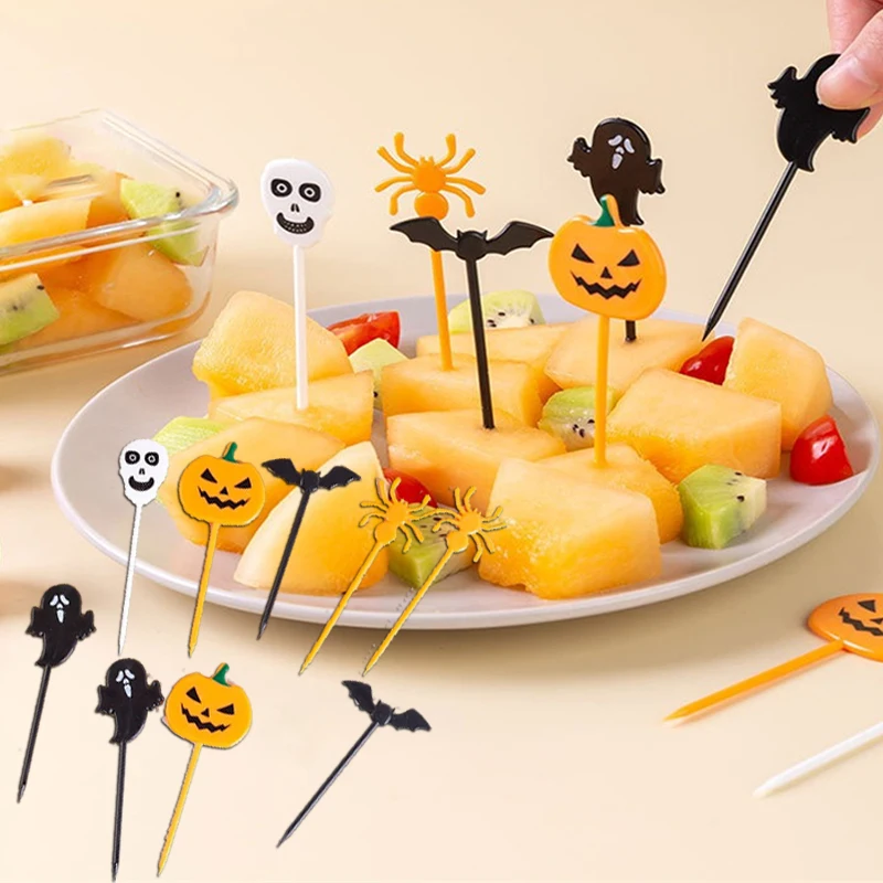 Palillos de dientes de plástico para Halloween, adornos para magdalenas, fantasma, murciélago, araña, fruta, decoraciones para pastel de fiesta de Halloween, 10 Uds.