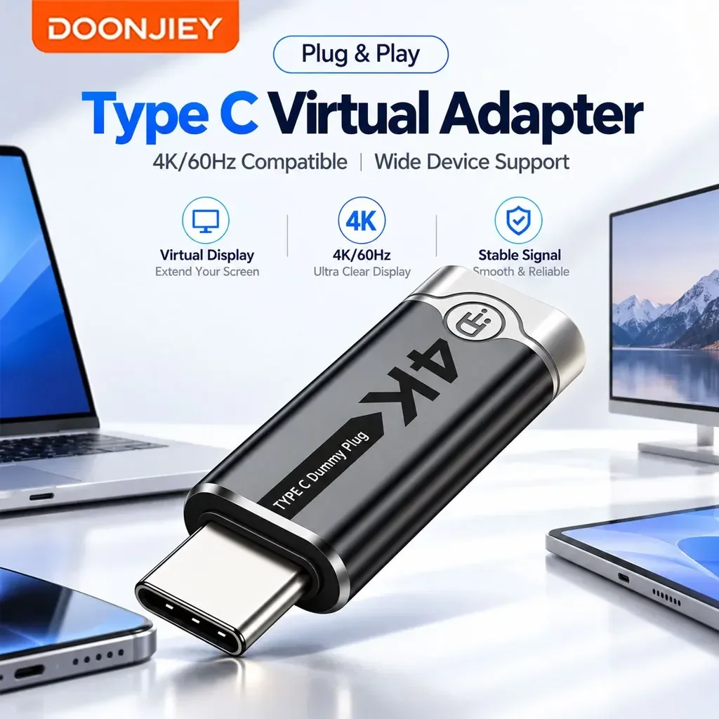 DOONJIEY USB C Dummy Plug, 4K@60Hz 1080P@120Hz Type C Virtual Display Adapter, Headless Ghost Display Emulator, EDID Emulator