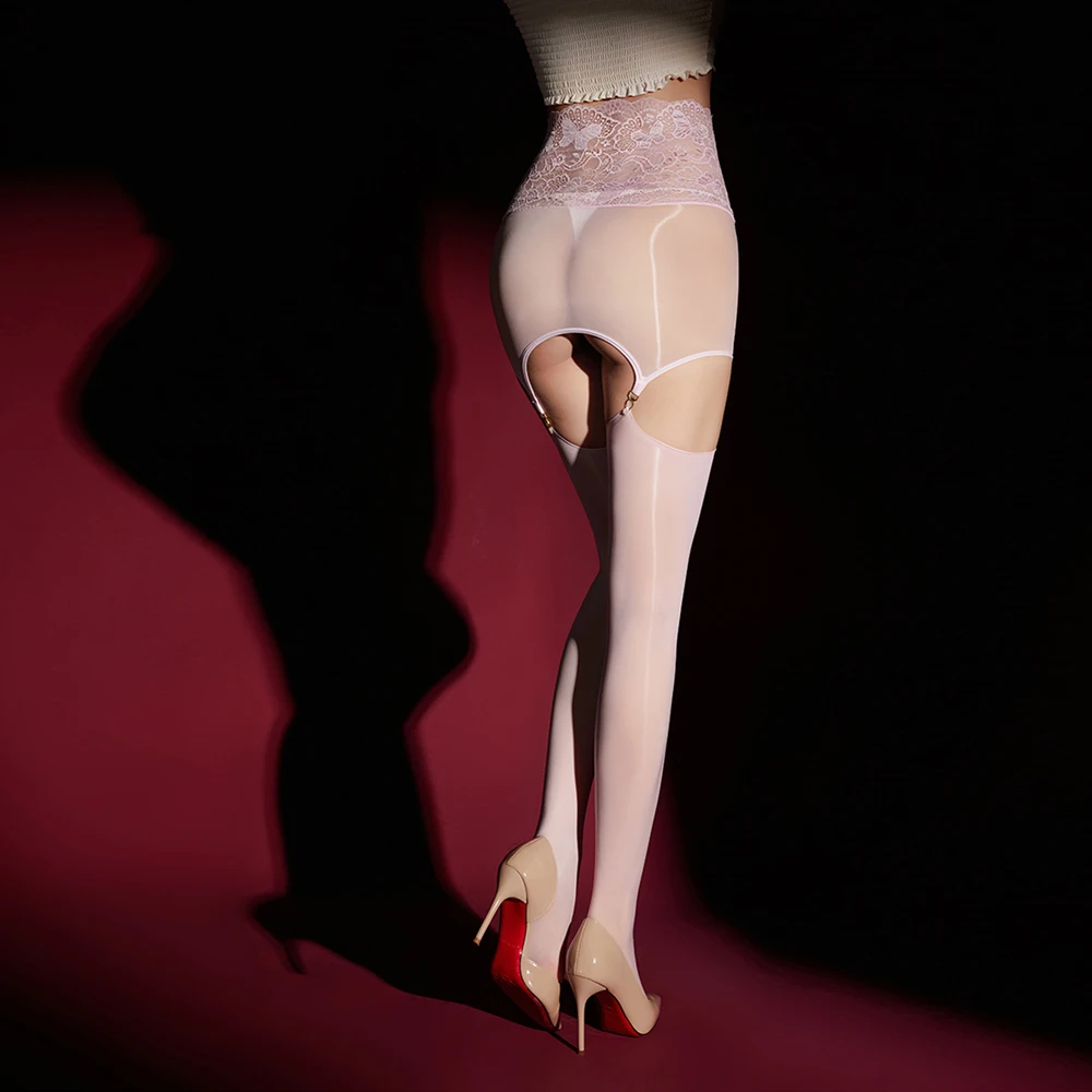 Sexy Women Lace Mesh Splicing Oil Glossy Shiny Micro Mini Skirt Hollow See Through Elastic High Waist Maid Skirt Garter Stocking