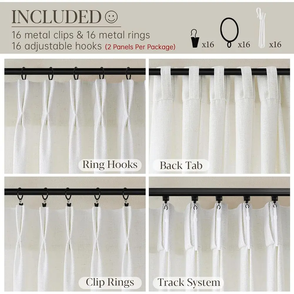 Cream Ivory 108 Flax Pleated Linen Curtains with Memory Light Filtering and Back Tab for Track System