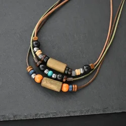 Men 2 Layers Leather Rope Necklace Vintage Fashion Retro Creative Natural Wood Layered Pendant Charm Wax Rope Faux Leather