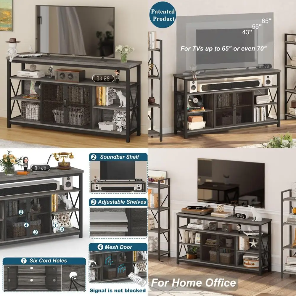 Industrial Style Entertainment Center: Rustic Wood Tall TV Stand for 65 Inch TVs with Storage Cabinet