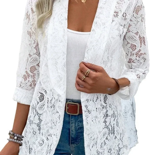 Women\'s New Spring/summer Stylish Small Suit  Solid Color Lace Hollow-out Long-sleeved Lapel Shirt Jacket Cardigan Suit Soat