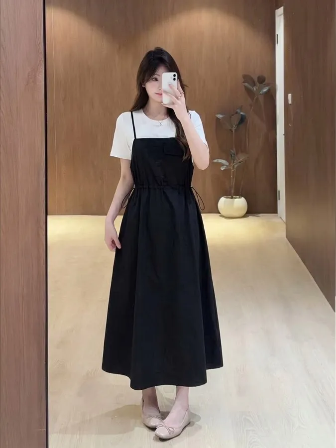 plus Size Women's Workwear Short Sleeve A-Line Long Dress Drawstring Waist Slimming Design Summer New Style Commute Style