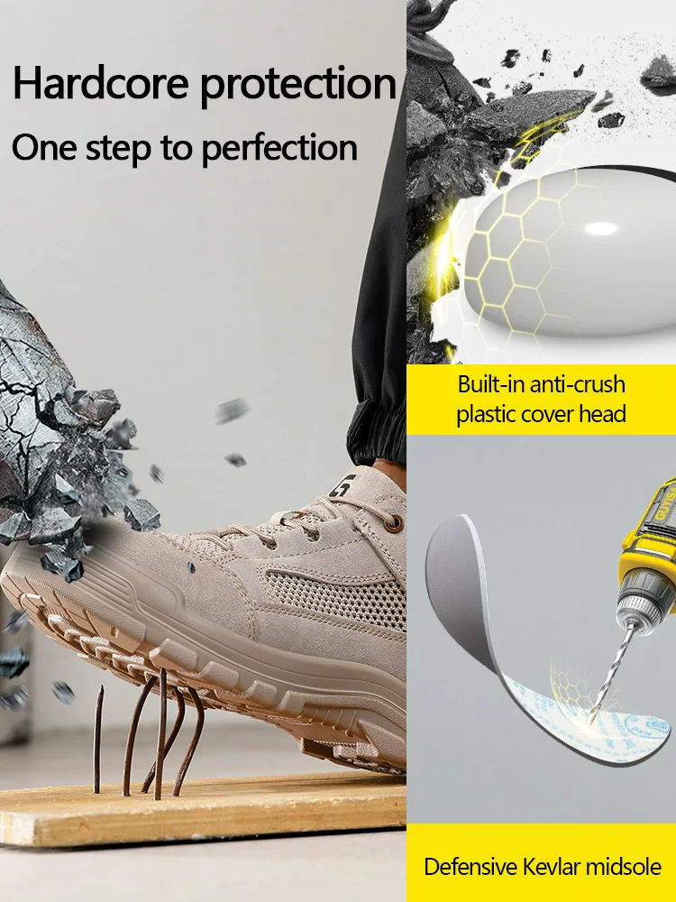 Safety shoes and work shoes for men, summer breathable, anti-crush and anti-puncture, lightweight for work, steel toe