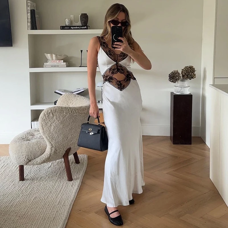 Modna sukienka trapezowa damska letnia koronkowa bez rękawów z dekoltem w serek Maxi seksowna białe sukienki casualowe w stylu Streetwear klubowa sukienka