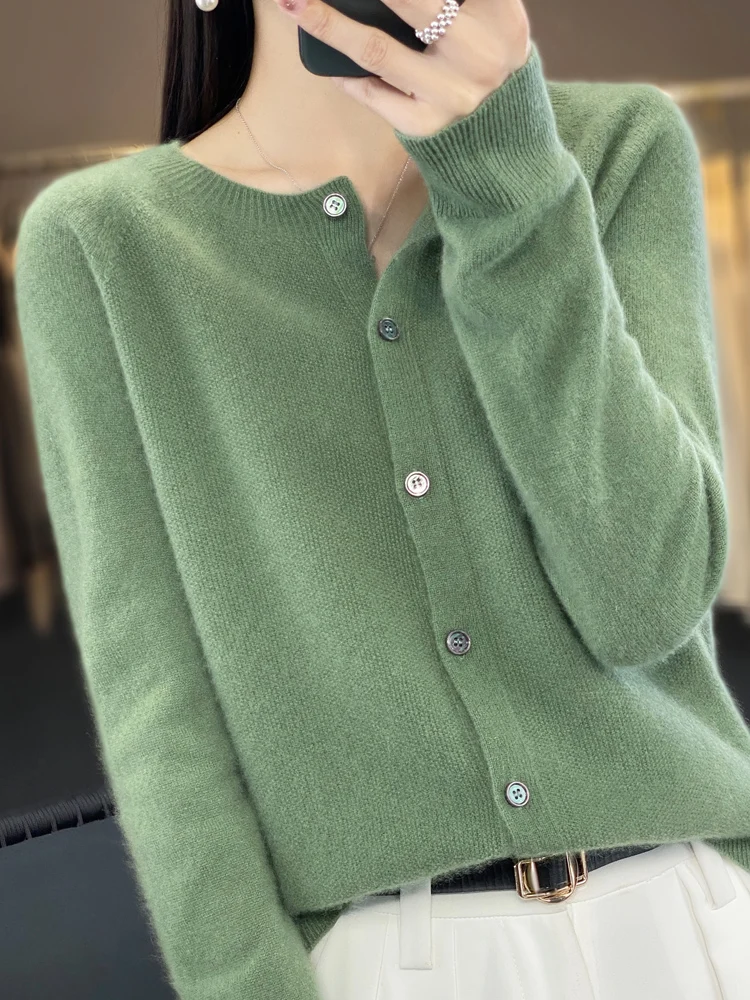 

Aliselect Autumn Winter Women 100% Merino Wool Sweater O-Neck Tops Long Sleeve Basic Cashmere Knitwear Cardigan Clothing Coat