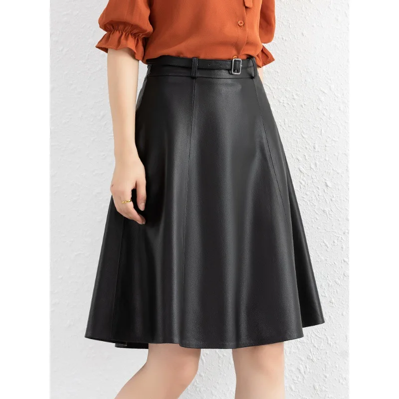 

Women Leather Skirt Sheepskin High Waist Umbrella Skirt Long Swing Skirt