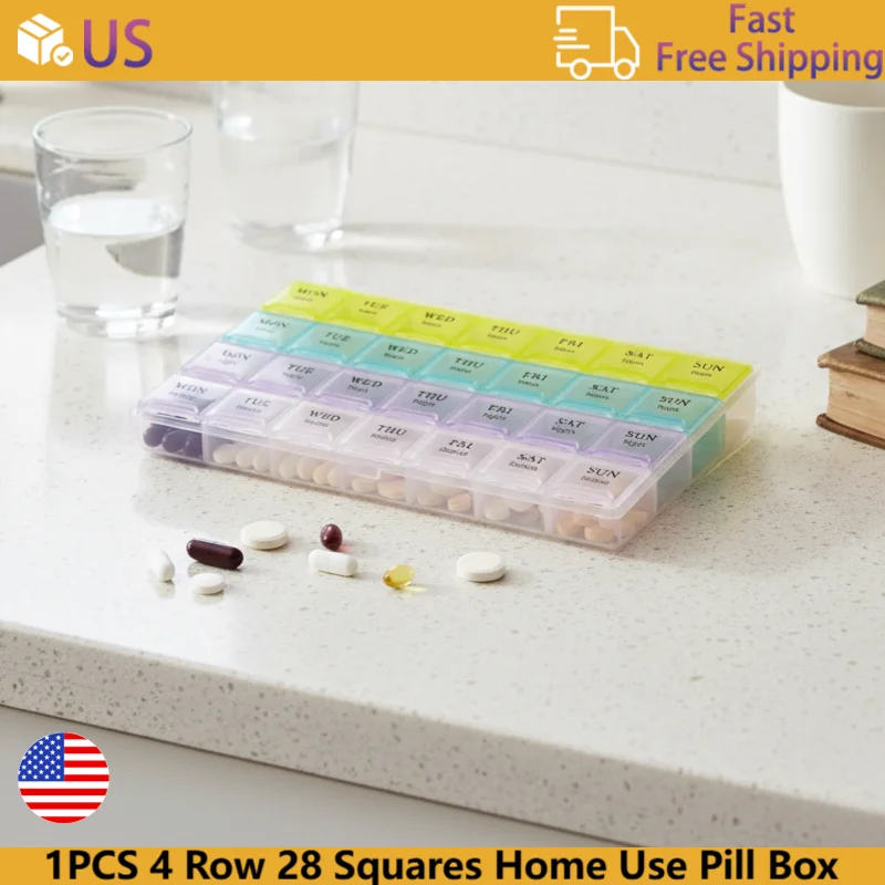 

1 шт., высокое качество, 4 ряда, 28 квадратов, коробка для таблеток для домашнего использования, портативные дорожные чехлы, органайзер, контейнер для таблеток, контейнер для хранения таблеток с витамином