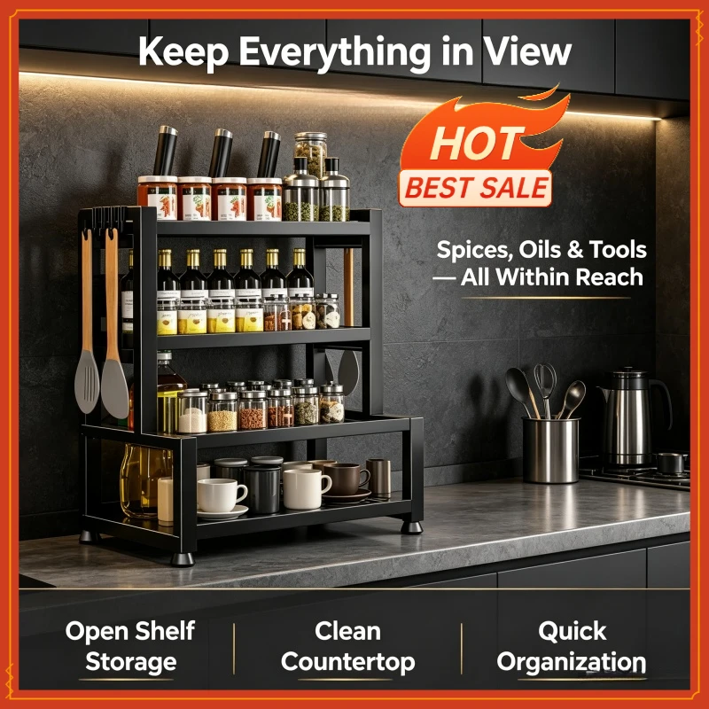2-3 Tier Adjustable Metal Spice Rack Storage Box, Freestanding Multifunctional Kitchen Storage Rack, with Spice Protection