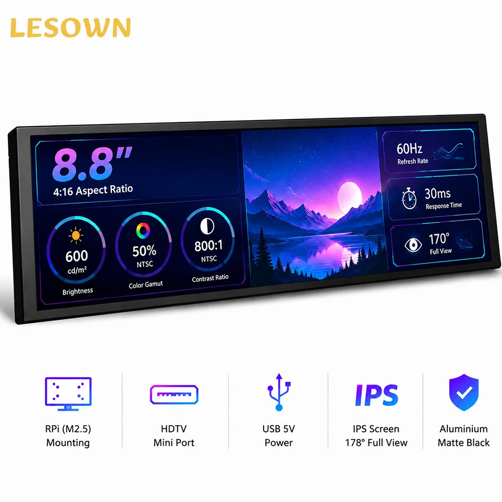 LESOWN 1920x480 HDTV Stretched Screen Aluminum Plug and Play Driver-free PC Case Sub-Monitor for Hardware Monitoring