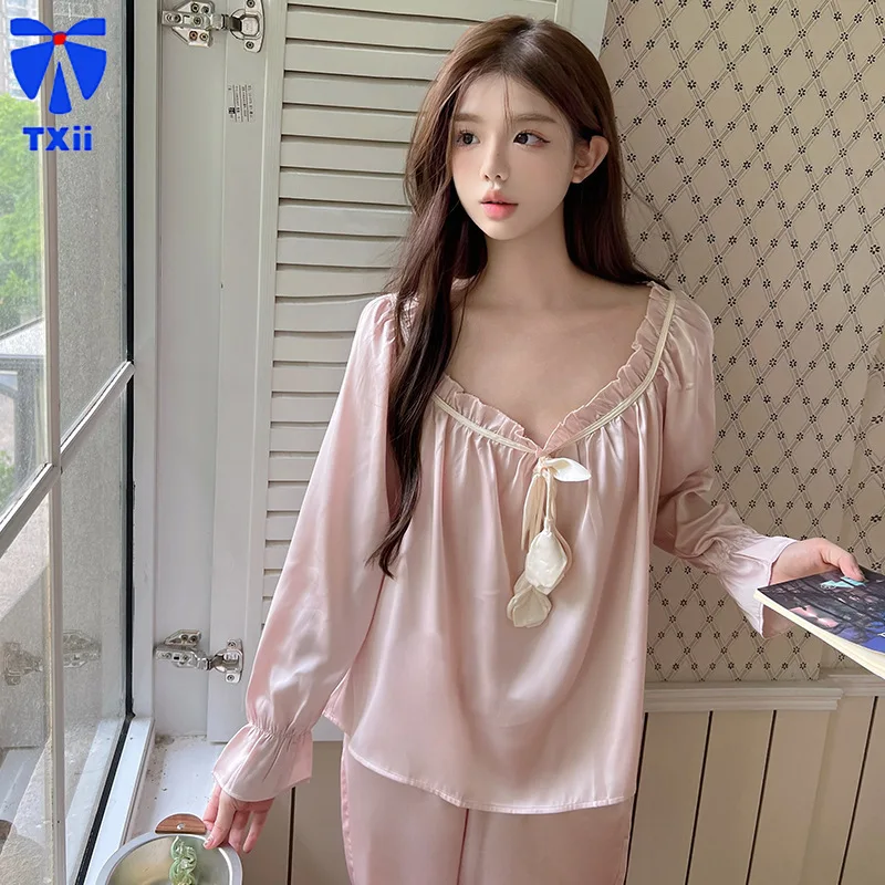 Tulip Pajamas Women's 2024 New Spring and Autumn Ice Silk Long-sleeved Pullover Two-piece Suit French High-end Silk Home Clothes