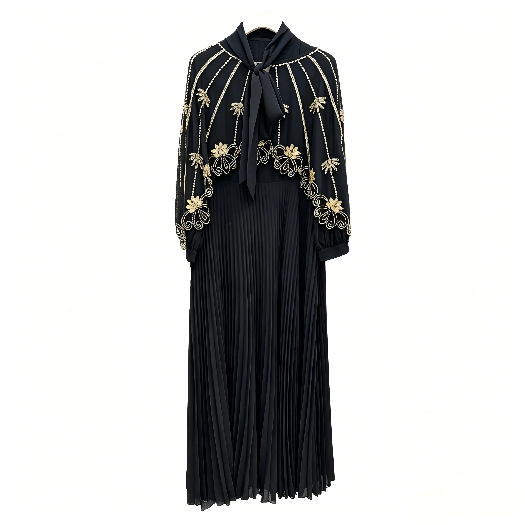 Black Gold Floral Embroidered Beaded Cape Pleated Midi Dress Muslim Modest Dresses Women Wedding Guest Evening Formal Party Gown