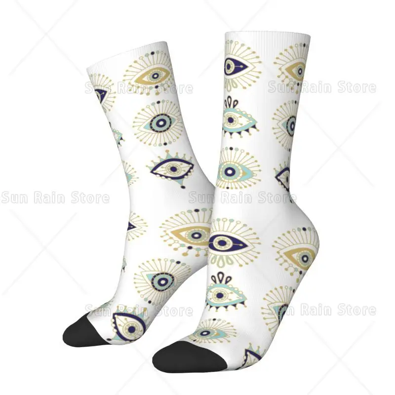 Turkish Evil Eye Collection On White Socks for Women Stretchy Summer Autumn Winter Nazar Amulet Hamsa Boho Bohemian Crew Socks