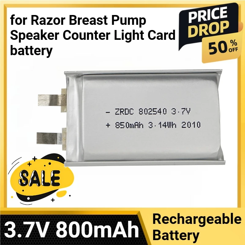 

802540 Rechargeable Lithium Polymer Battery 3.7V 800mAh for Razor Breast Pump Speaker Counter Light Card