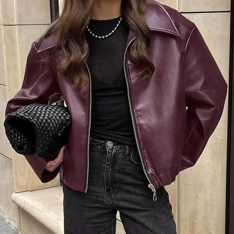 European American Motorcycle-style Leather Jacket  Autumn Winter Women's Wear: Loose Lapel Punk Casual Outerwear Leather Jacket