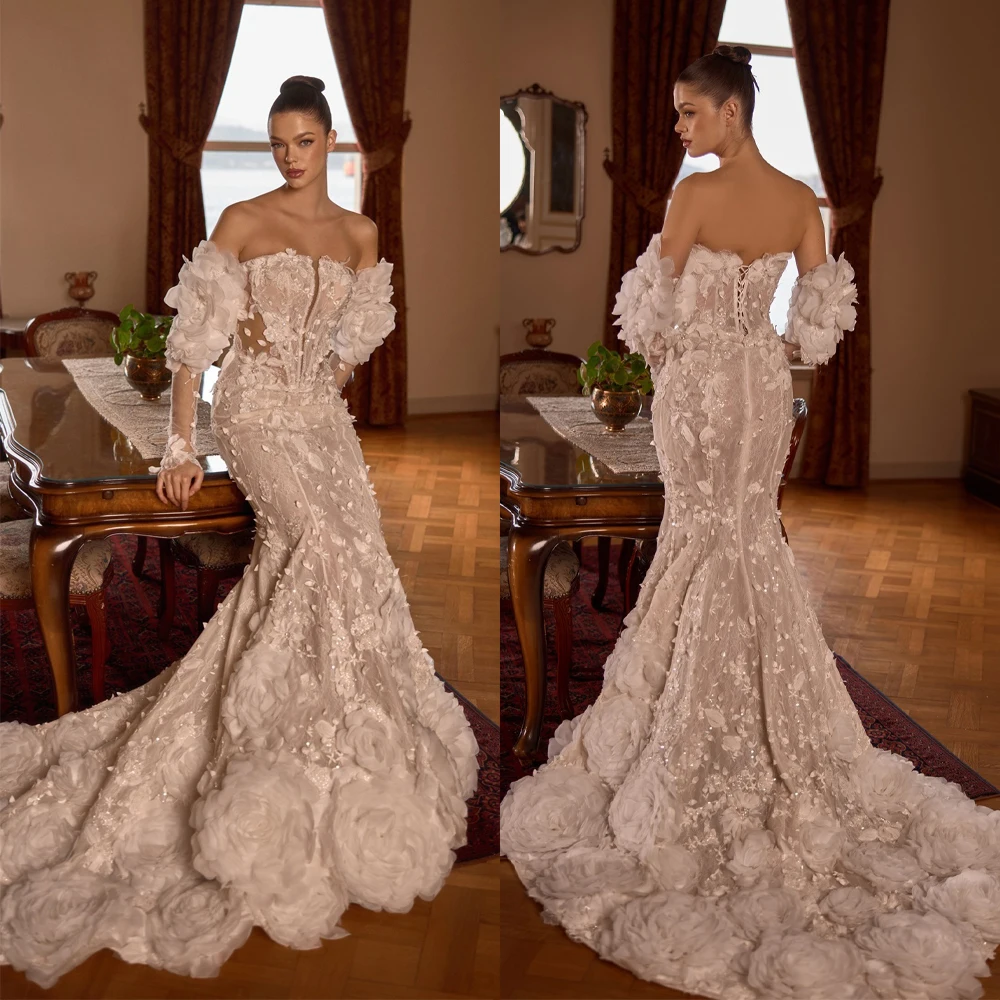 Romantic Lace Appliques Wedding Dresses Sweep Train Mermaid Bridal Gowns Hand Made Flowers Customized Formal Party