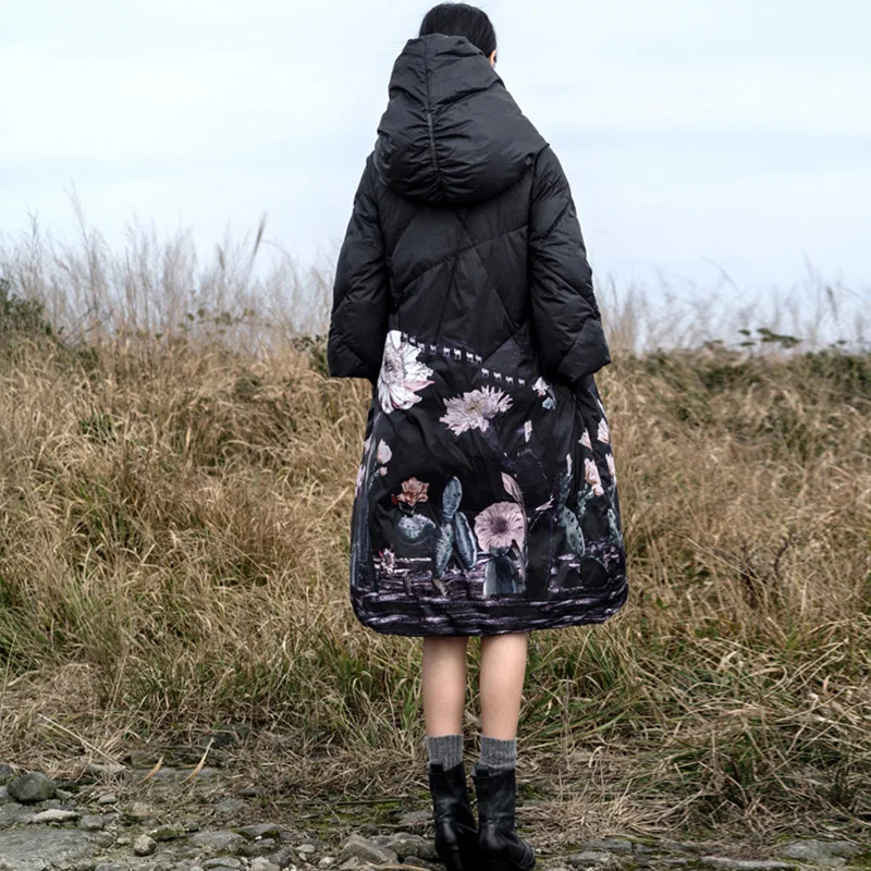 Winter Warm Down Jacket Hooded Scarf Women's Thick White Duck Down Coat High-Quality Design Outerwear Printed Puffer Jacket New