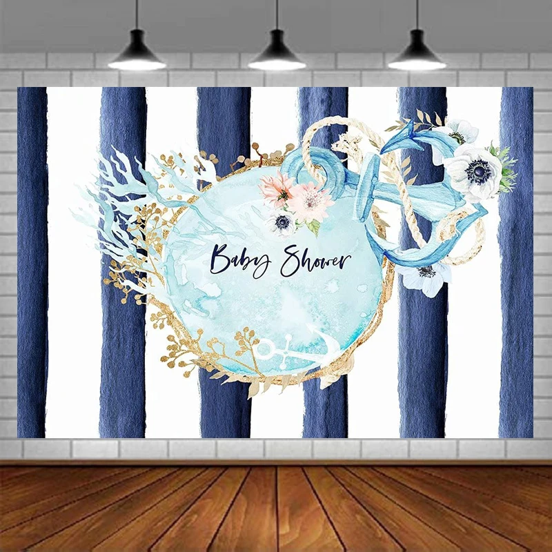 Photography Backdrop Ahoy It's a Boy Nautical Boy Baby Shower Watercolor Blue Floral Anchor Decoration Party Background Banner