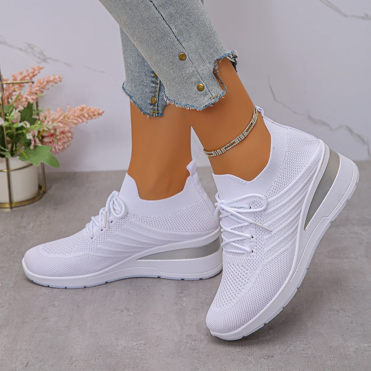 春/秋の女性のレースアップウェッジスニーカーファッションメッ - Knit Fabric Lace Up Sneakers のレビューと価格