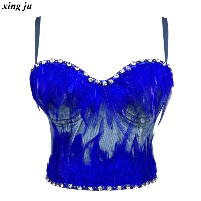 

Xing Ju Party Girl Sexy Strapless Fishbone Tops Women Jazz Dance Costume Nightclub DJ Blue Feather Tassel Vest Singer Stage Wear
