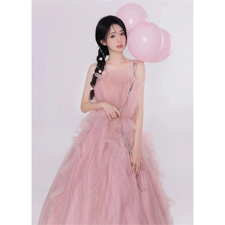 Customized Pink Tulle Spaghetti Strap Scalloped Neck Illusion A-line Evening Dresses 2024 Court Train Prom Dresses Party Dresses