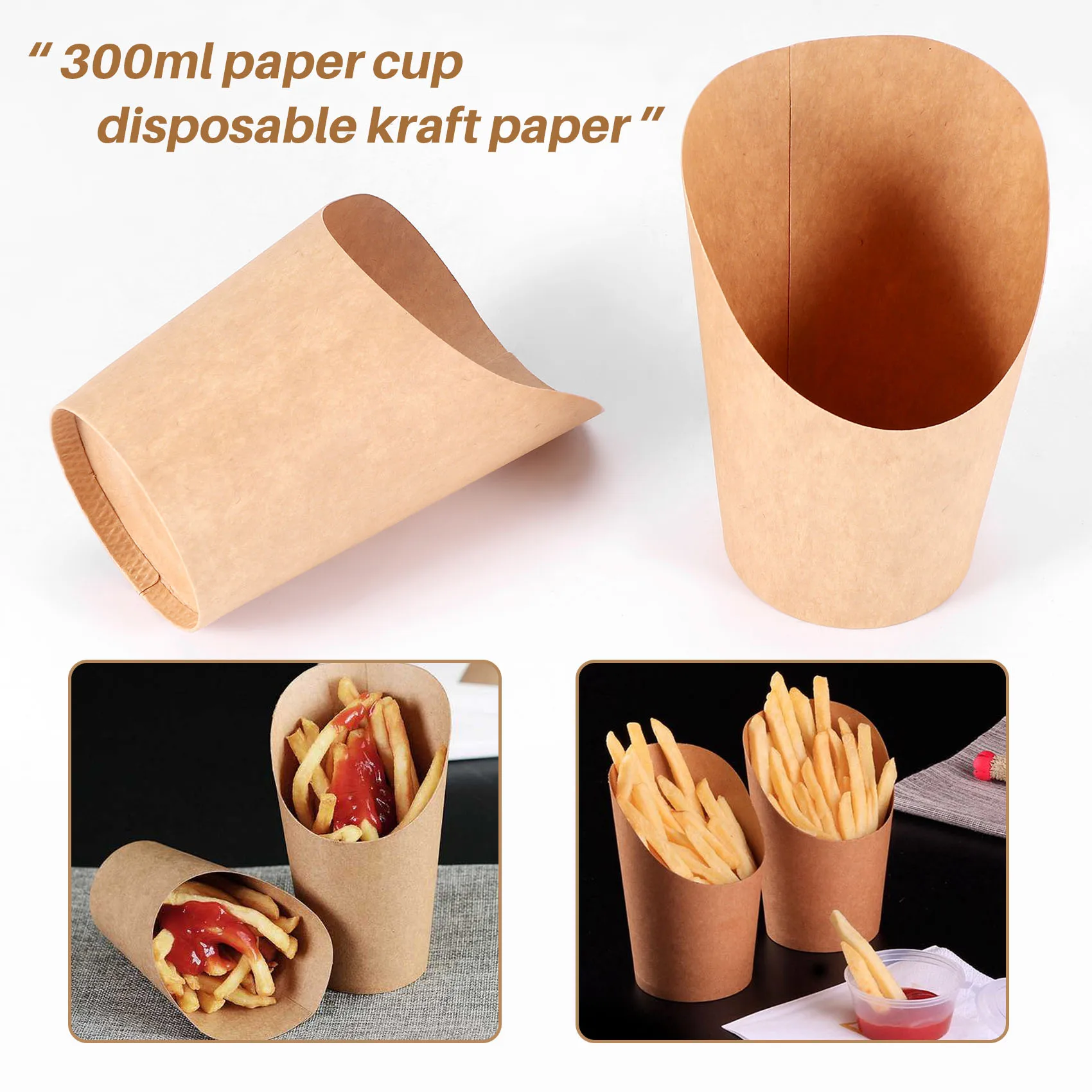 100Pcs Disposal Take-Out Party Dessert Supplies Baking Cakes Egg Puff French Fries Chips Snacks Kraft Paper Cups Holder, 300Ml