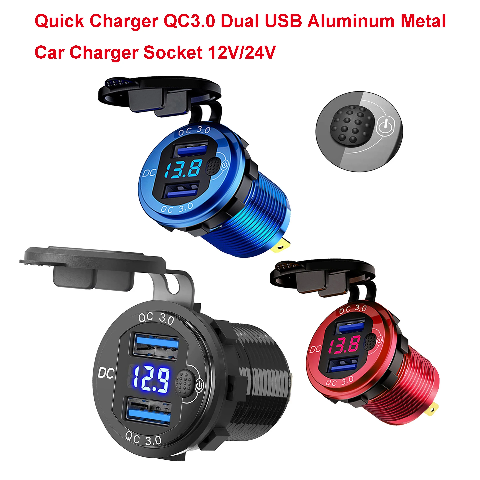 

Quick Charger QC3.0 Dual USB Aluminum Metal Car Charger Socket 12V/24V With Voltmeter Switch Button LED Display Boats Motorcycle