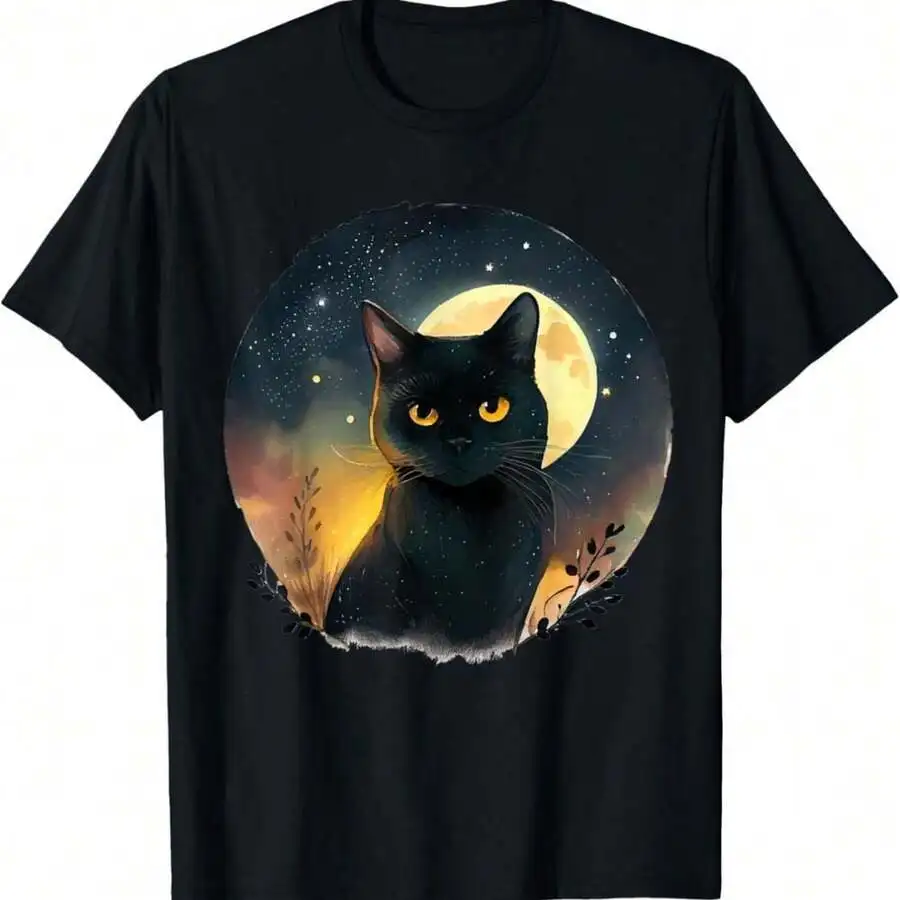 

Black Cat And Moon Graphic T-Shirt Quick Dry Unisex Casual Tee For Travel Streetwear