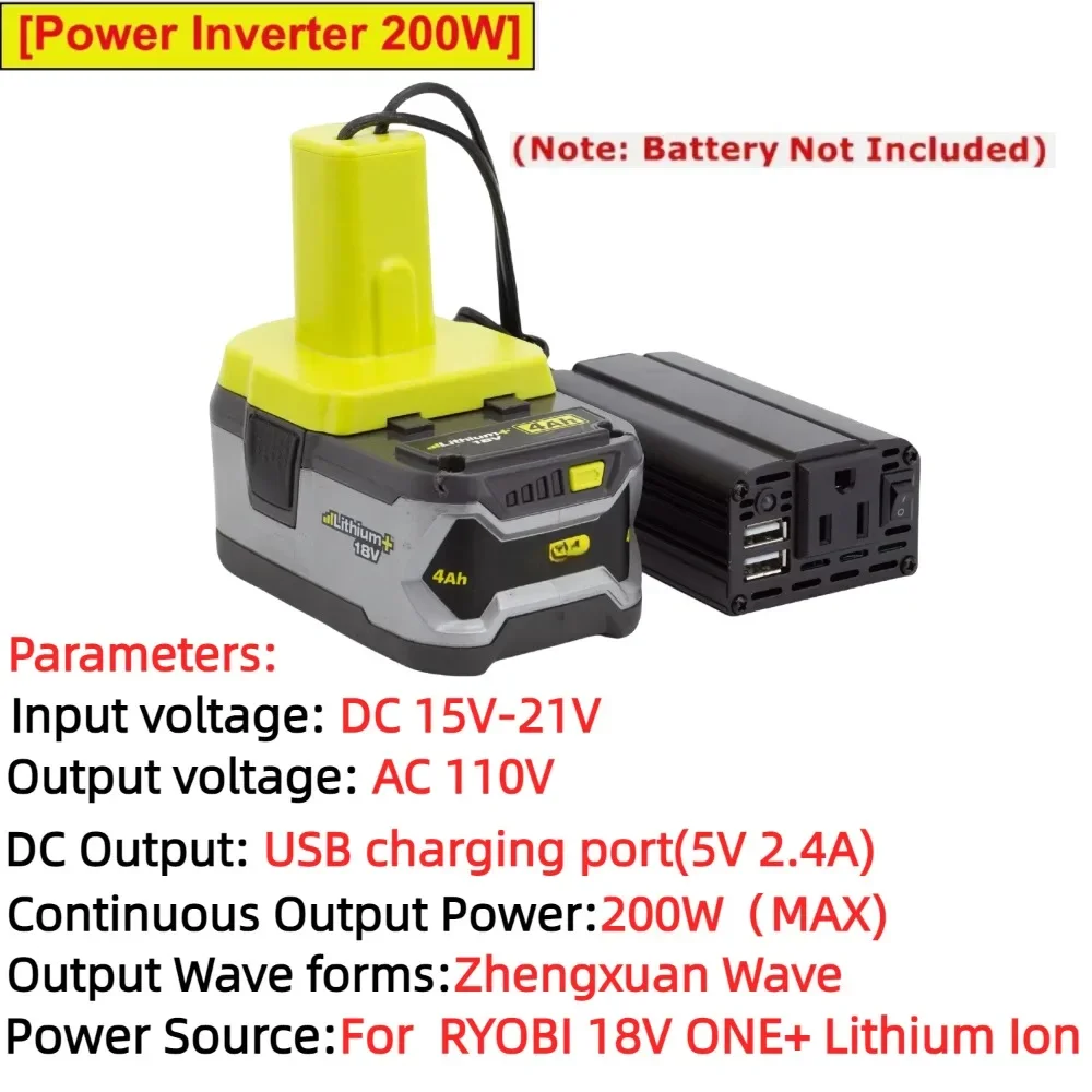 200W Portable Power Inverter Outlet Adapter For RYOBI 18V ONE+ Lithium Ion DC 18V To AC 110V Powered with Dual USB 5V2.4A