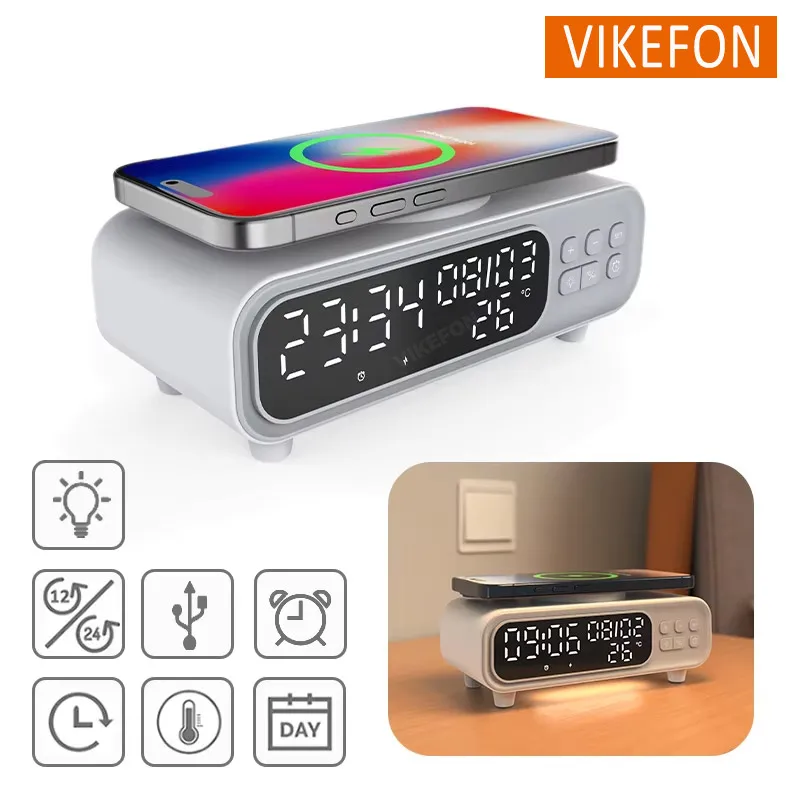 Time Alarm Clock LED Night Light Thermometer 15W Wireless Charger Earphone Phone Chargers Fast Charging Dock Station For iPhone