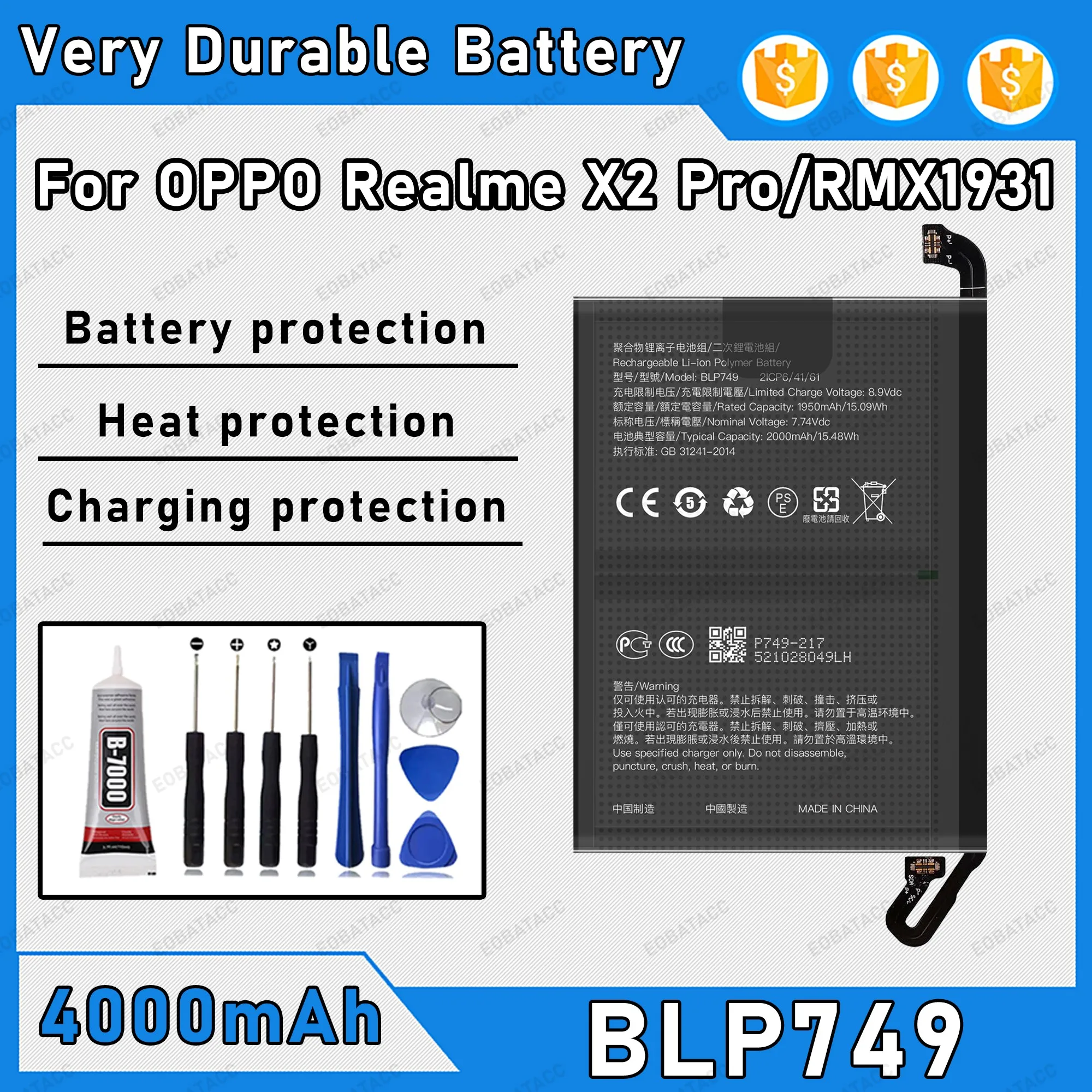 

4000mAh BLP749 Battery For OPPO Realme X2 Pro/RMX1931 Replacement Bateria+Free Tools