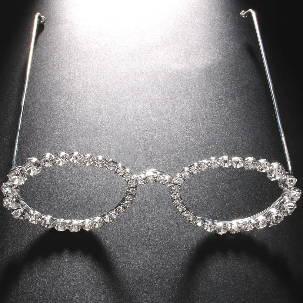 Simple Round Rhinestone Sunglasses Frames No Lenses Rave Accessories Fashion Designer Hollow Alloy Face Jewelry Frames for Women