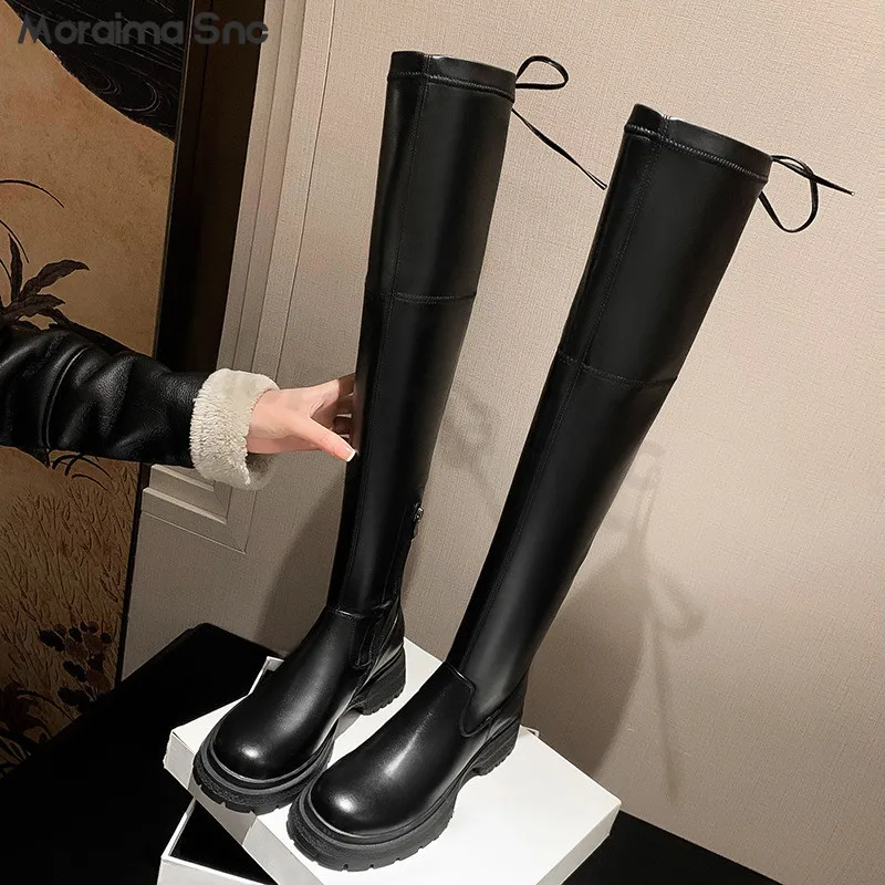 

Black Matte Leather Boots Round Toe Platform Over The Knee Boots Thick Heel Elastic Knight Boots Heightening Cool Women's Boots