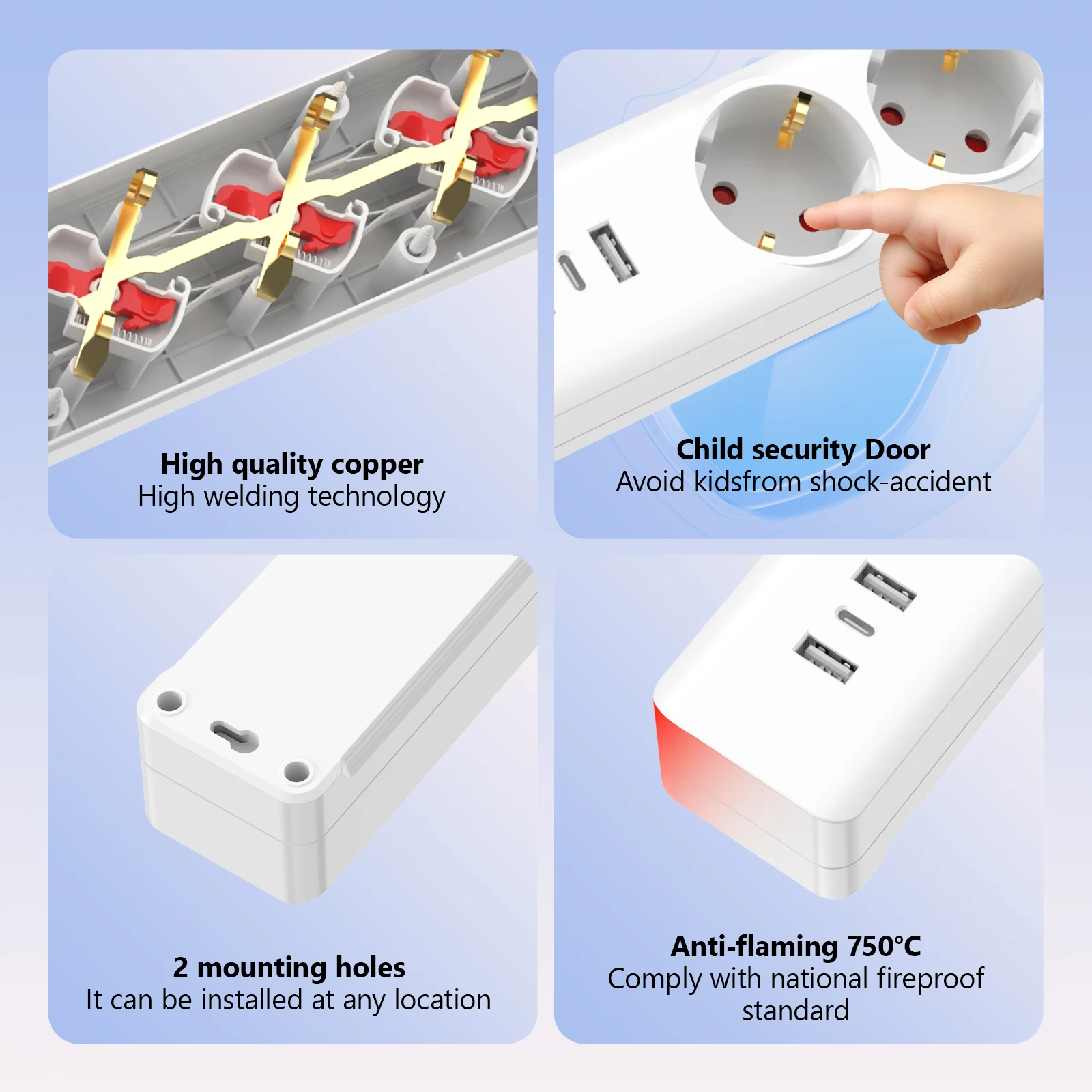 EU Plug Power Strip Surge Protector 3/4 AC EU Electrical Plug Outlet Socket Lead Extension Adapter Extenstion Cord Cable 1.5m
