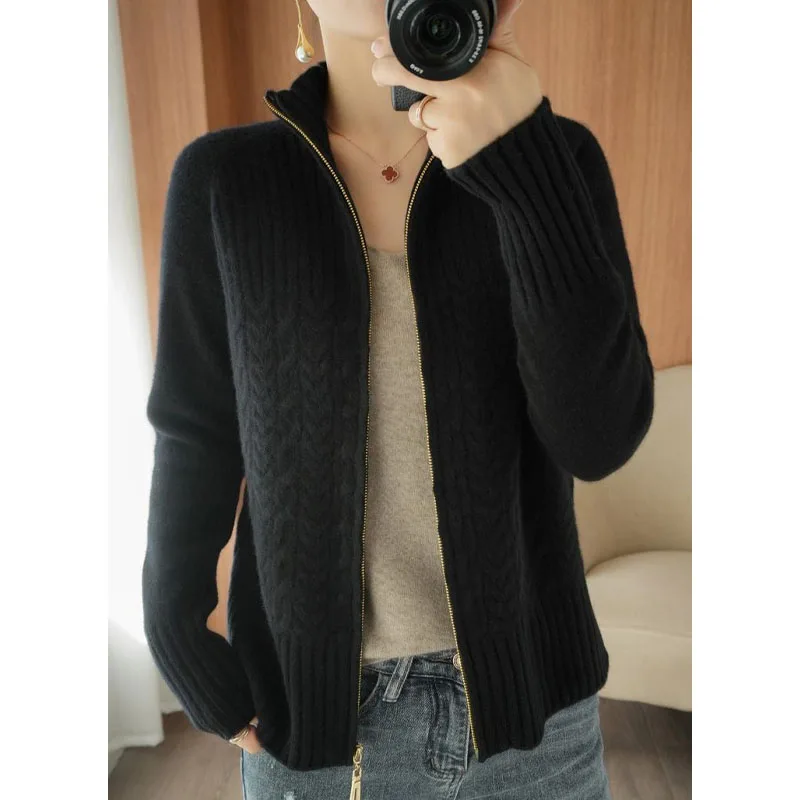 Autumn Winter Women\'s Solid Color Warm Zipper Knitted Cardigan New Casual Fashion Long Sleeve Turtleneck Slim Sweaters Female