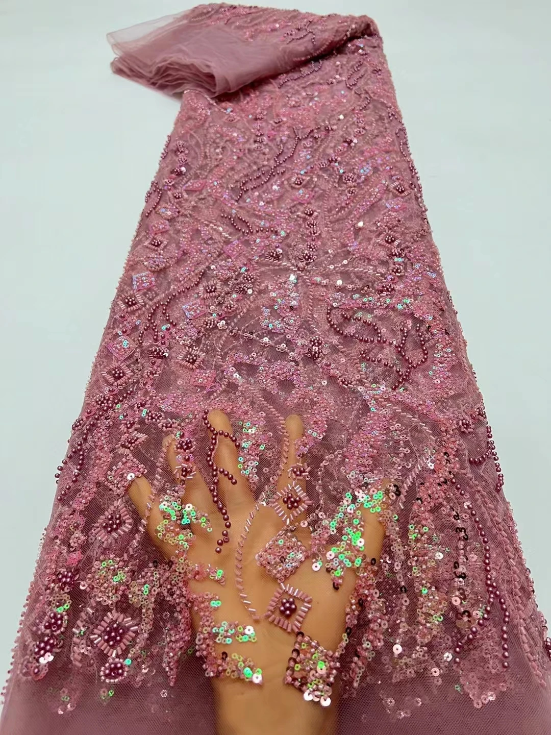 

Latest Nigerian French Tulle Net Lace Fabric 2024 High Quality 5Yard Embroidery African Beads Lace Fabric For Wedding HX