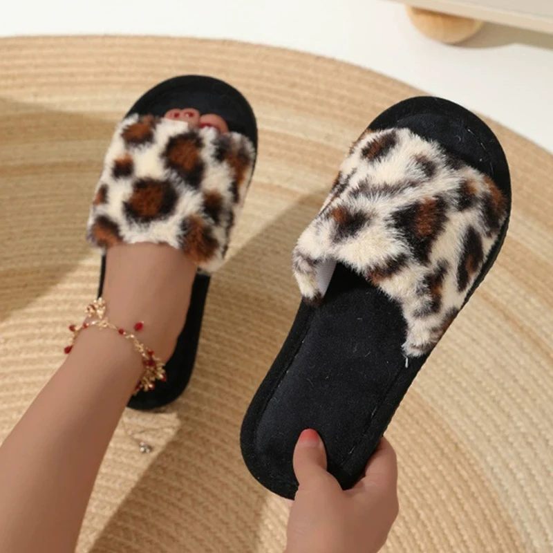 Vintage Leopard Home Plush Slippers Women Non Slip Wear Resistant Fur Slippers Woman Cozy Soft Fluffy Living Room Shoes Ladies