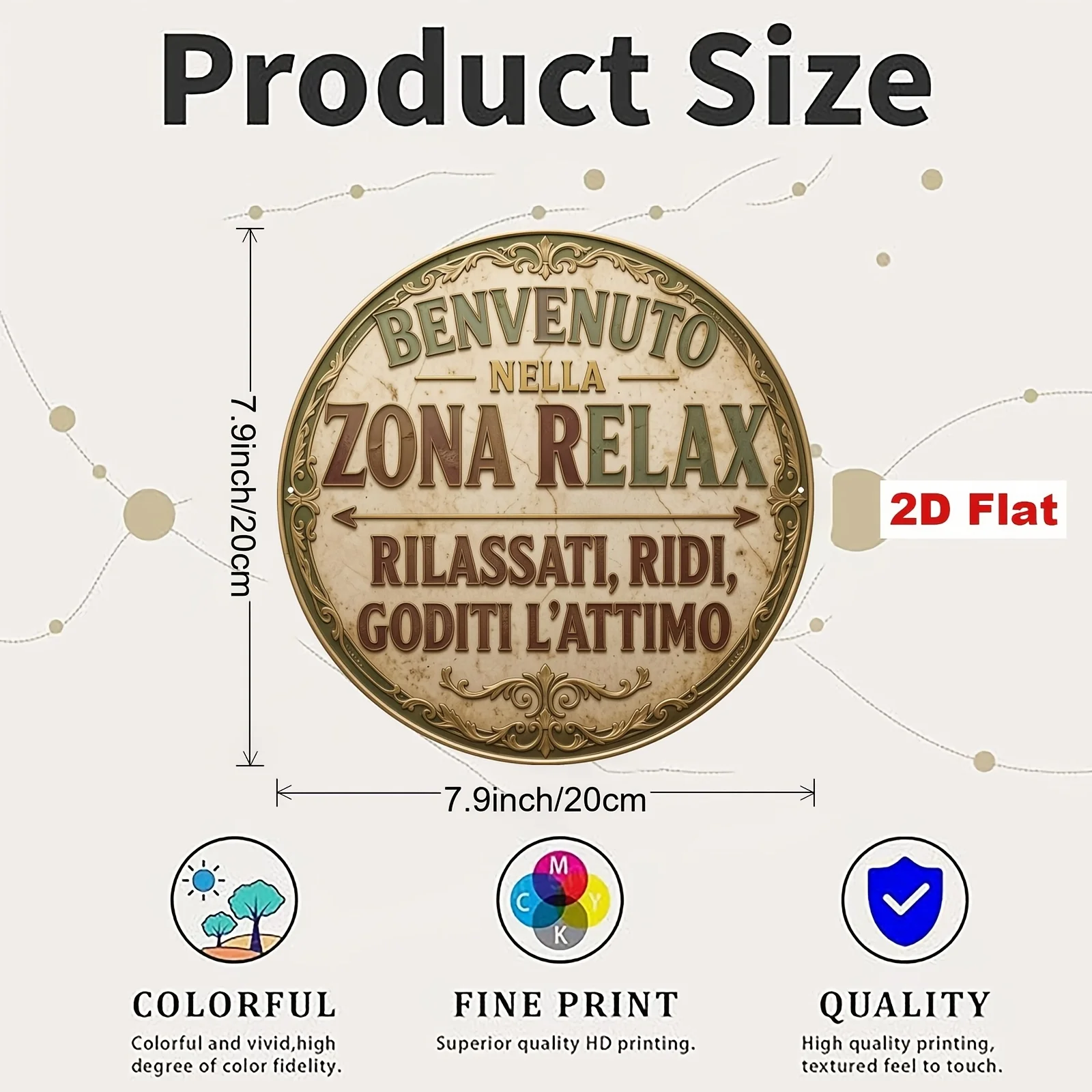 2D Flat 1pc Aluminum Sign, Retro Italian Slogan Metal Sign, with Warm Quotes of Welcome to Relaxation Zone, Relax, Laugh, Enjoy