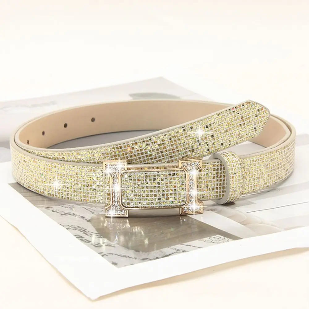 Vintage Bling Bling Sparkling Rhinestone Belt Glitter Versatile Slide Buckle Belt Luxury Brand Design Trendy Waistband Women